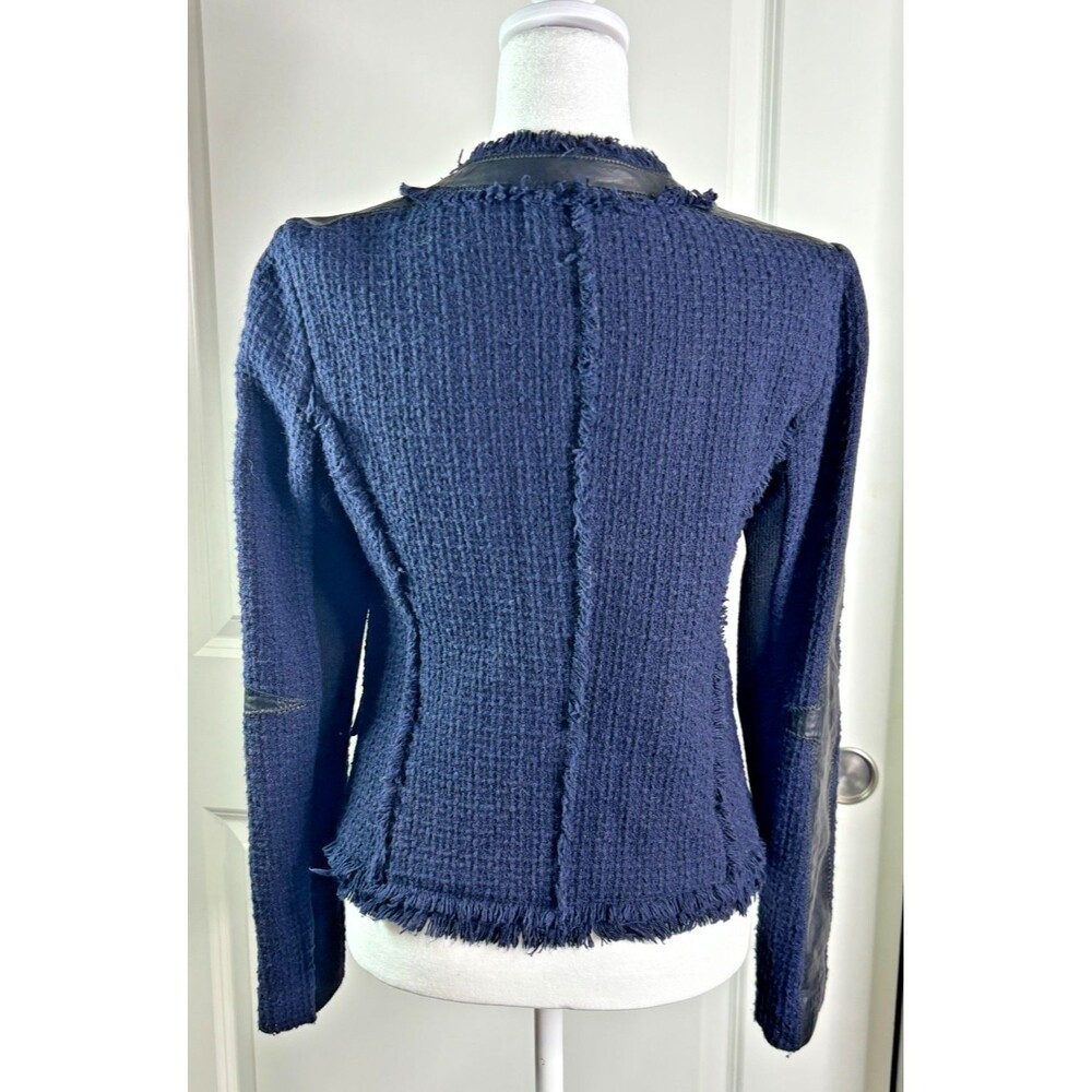 REBECCA TAYLOR Boucle Fringe Blazer SIZE 4 Navy Blue Black Leather Trim Coat EUC - Picture 3 of 16